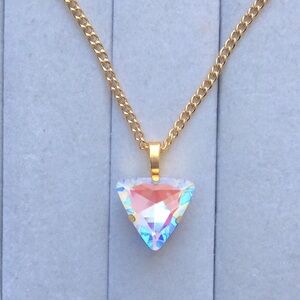 Iridescent White + Gold Triangle Crystal Drop Boho Pendant Necklace